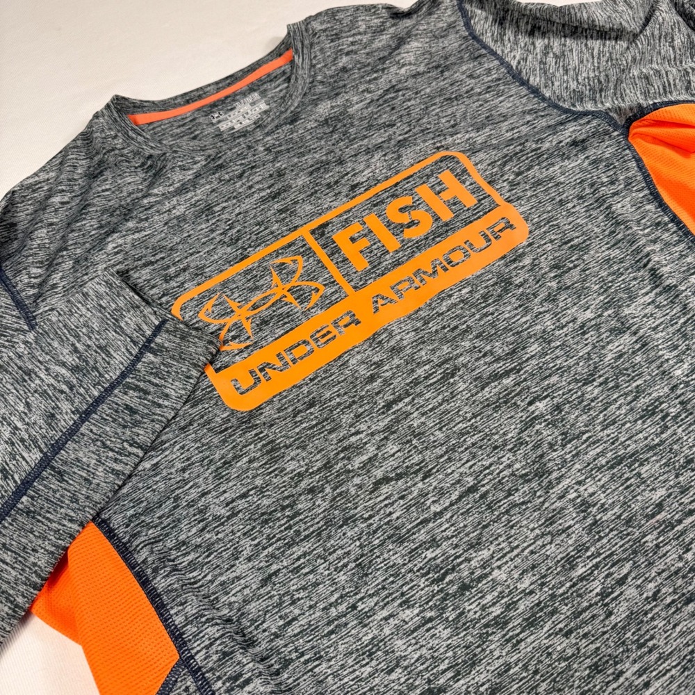 Under Armour Fish Shirt XL Gray Orange HeatGear LongSleeve Loose Fit Performance